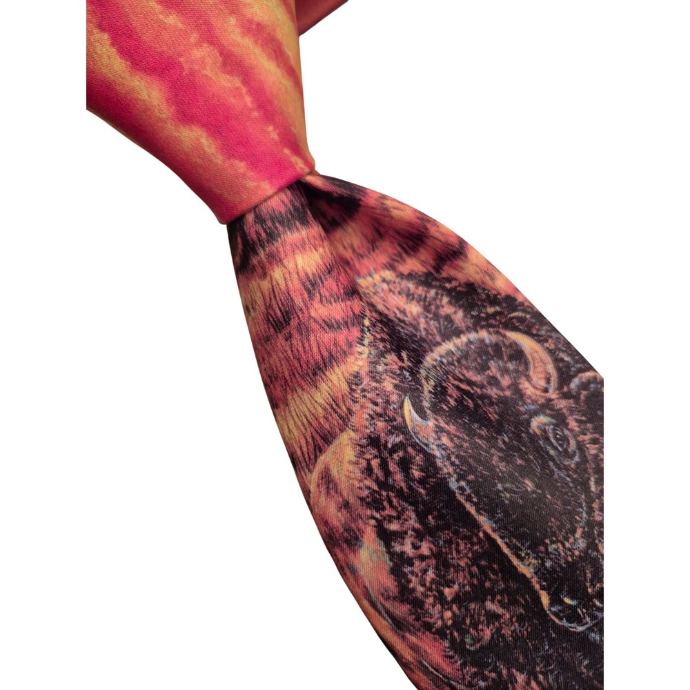 Vintage Ralph Marlin 1991 Buffalo Bison Wildlife Tie Blaine Heitman Red Orange